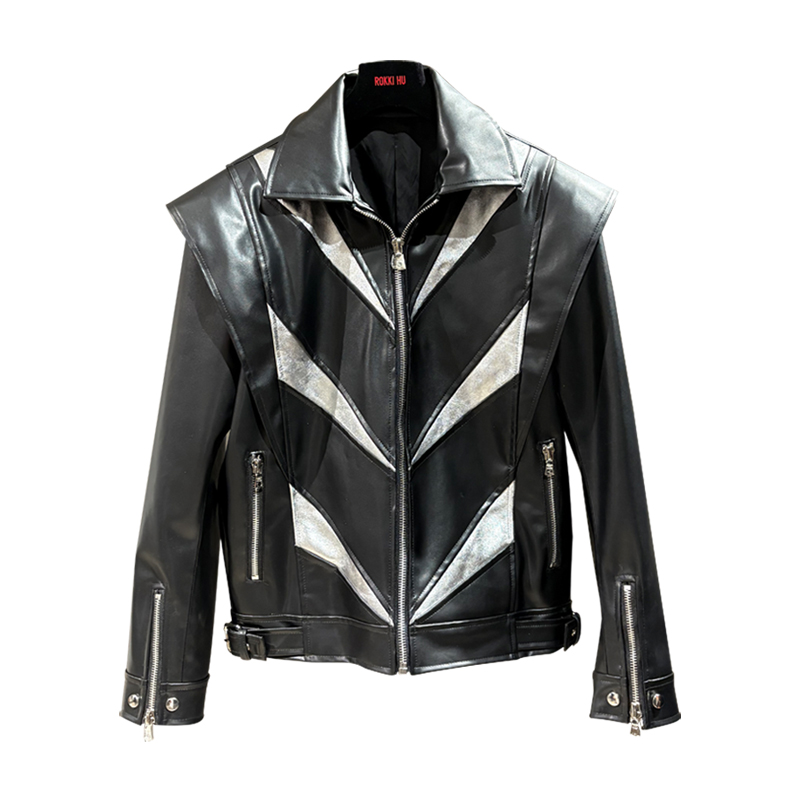 MOQ: 1 Piece | French Fashion Personality Contrasting Geometric Stitching Sheepskin Biker Men's Jacket Zipper Leather Jacket