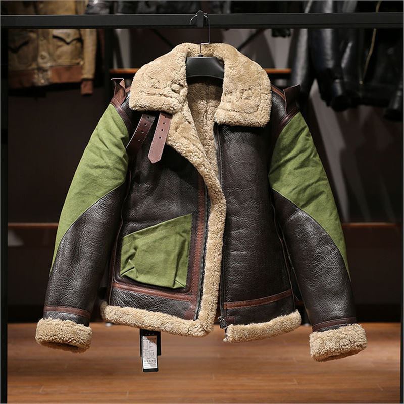 Men's Casual Winter Coat Long Fur One Bomber Jacket With Old Washed Oil Wax Canvas Patchwork Horseskin Leather Zipper Closure