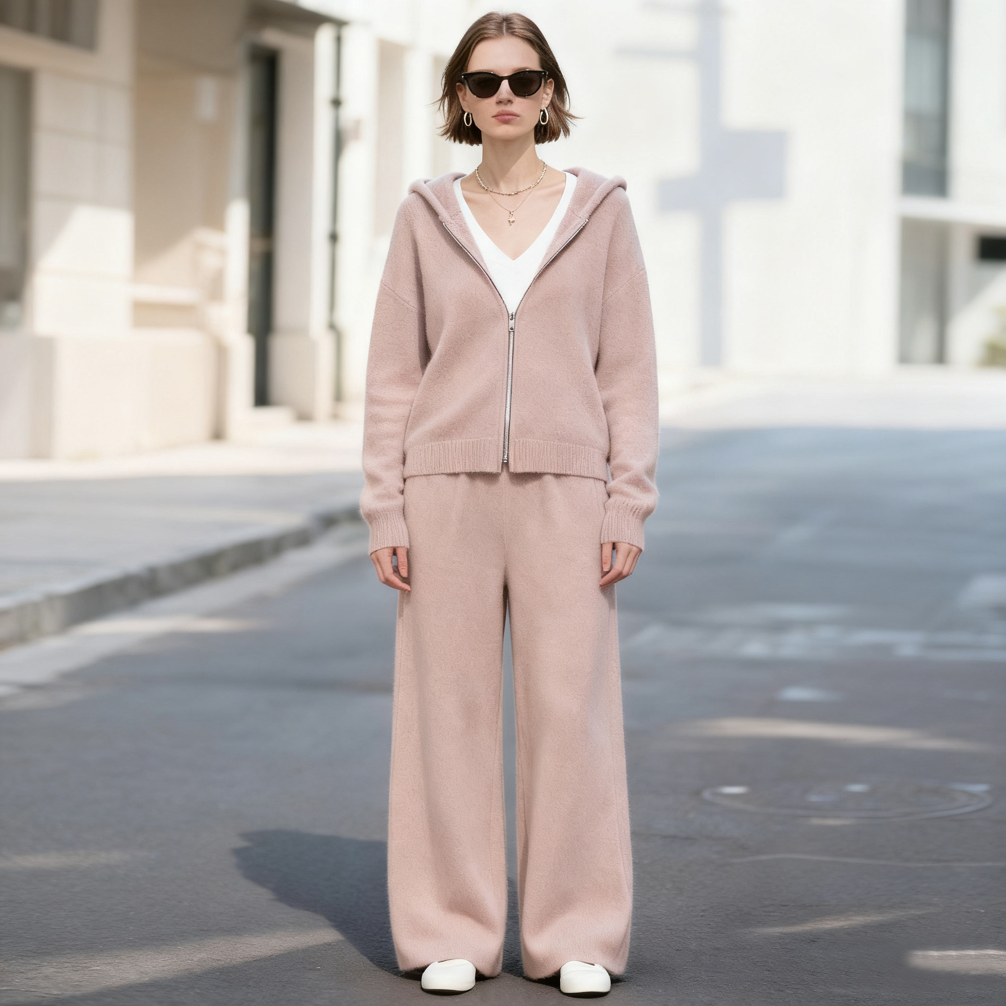 Women's Elegant Loose-Fit Cashmere Knit Hooded Zip Cardigan & Wide-Leg Pants Two-Piece Outfit Tracksuit Set