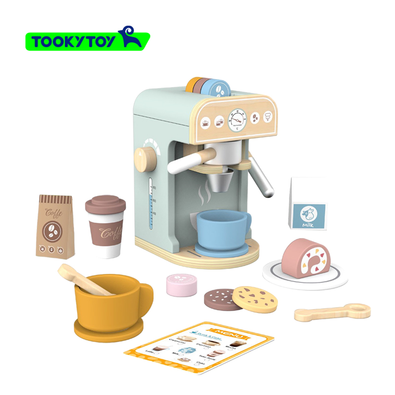 Wooden Coffee Machine Set Toy Breakfast Bread Milk Pretend Play Kitchen Food Toy Sets for Kid
