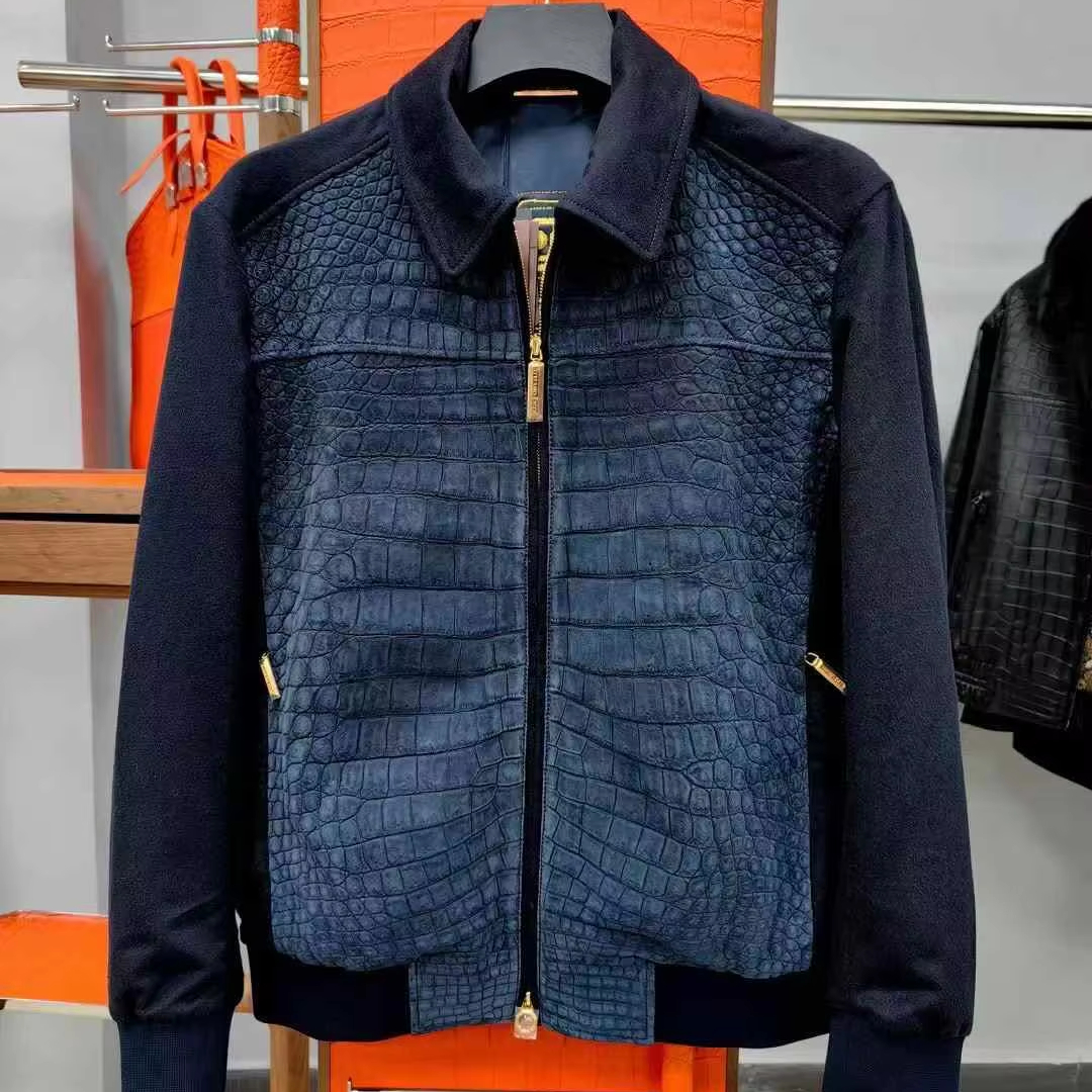 Luxury brand famous design real Himalayan crocodile genuine leather men's leather jacket hand-sewn factory custom top quality