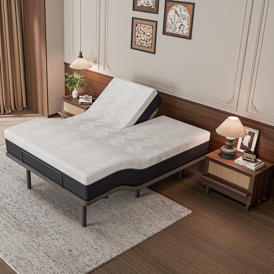 Roll Vacuumed Split King Plush Slow Rebound Memory Foam Mattress with Electric Adjustable Bed