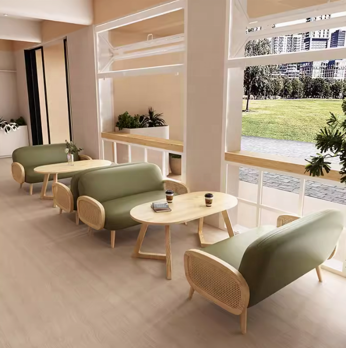 Customize Guangzhou Factory XY Commercial Table and Chair Restaurant Modern Dining Cafe Furniture Wood Rattan Chair Sofa Set