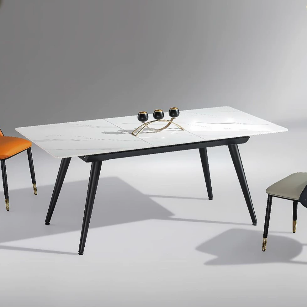 Modern Minimalist Commercial Restaurant Dining Table and Chair Set with Rectangular Sintered Stone Top Stainless Steel Base