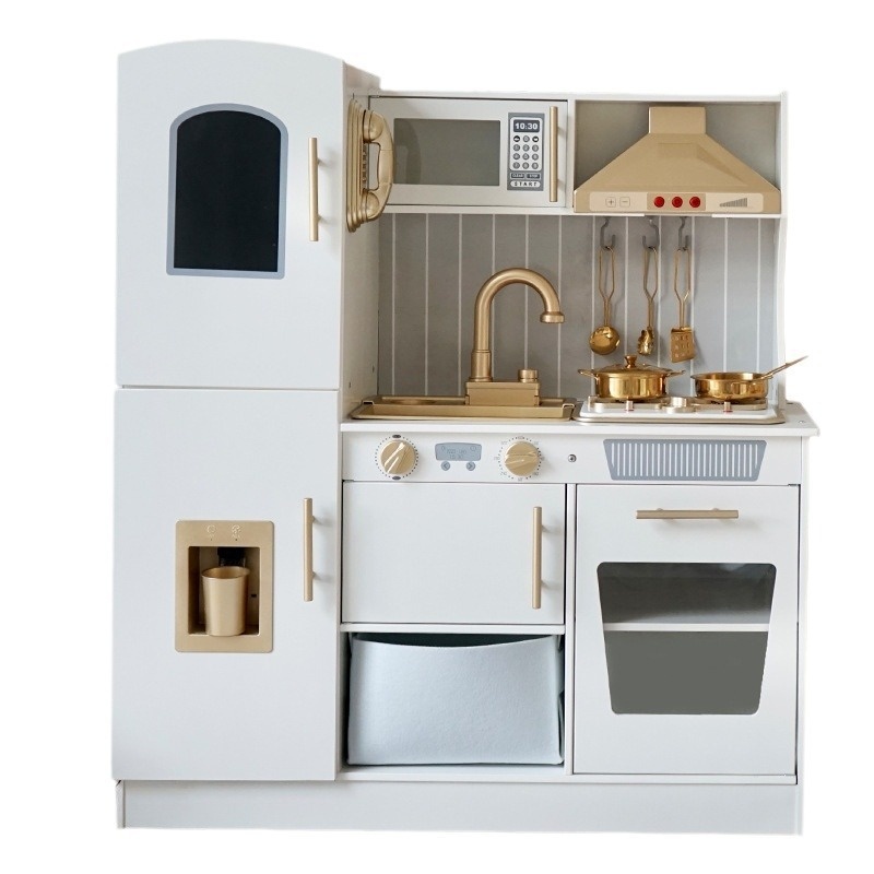 EDULAND Golden Kids Wooden Set Kitchenware Cocina De Juguete Simulation Playhouse Sound Water Dispensing Fun Kitchen Food Toys