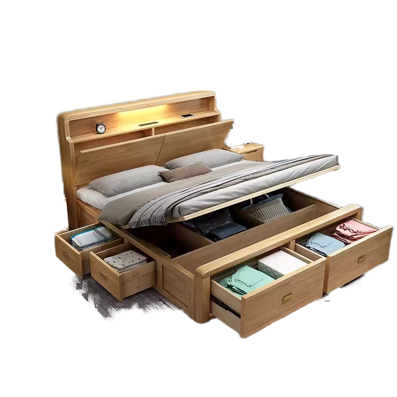 Modern Solid Oak Wood Foldable Extendable Bedroom Furniture Hand Carved Lift Storage Box Drawers Factory Wholesale Soft Bed
