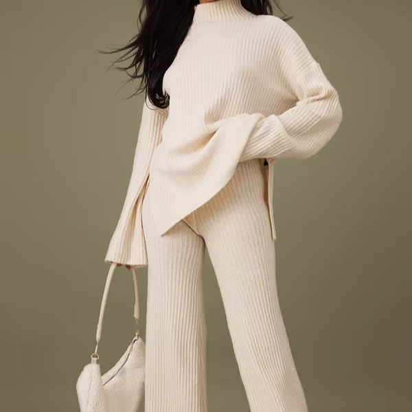 New Wholesale Casual Loose Solid Color Knitted Pullover Long Sleeve Cashmere Suit Trousers Cashmere 2 Piece Set Women's Sweater