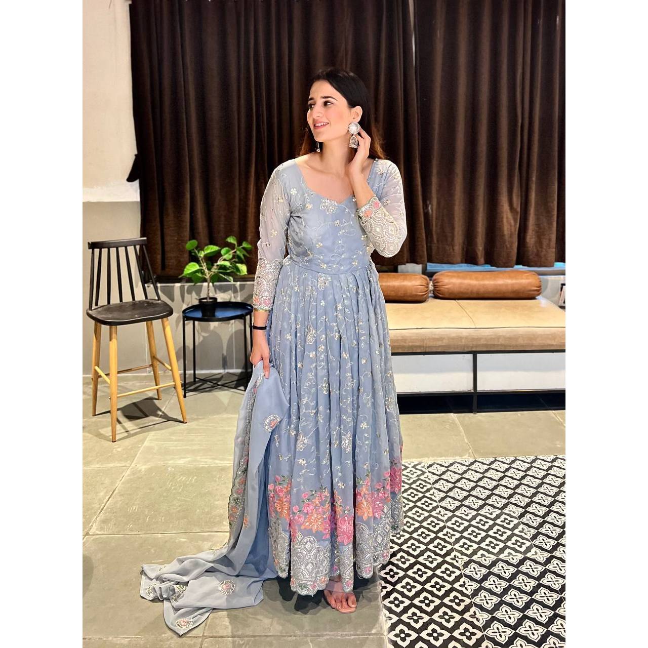 NF Designer Traditional Muslim Anarkali Gown and Pant with Fancy Dupatta Gray Size L 1kg New Style Clothing Accessory Set