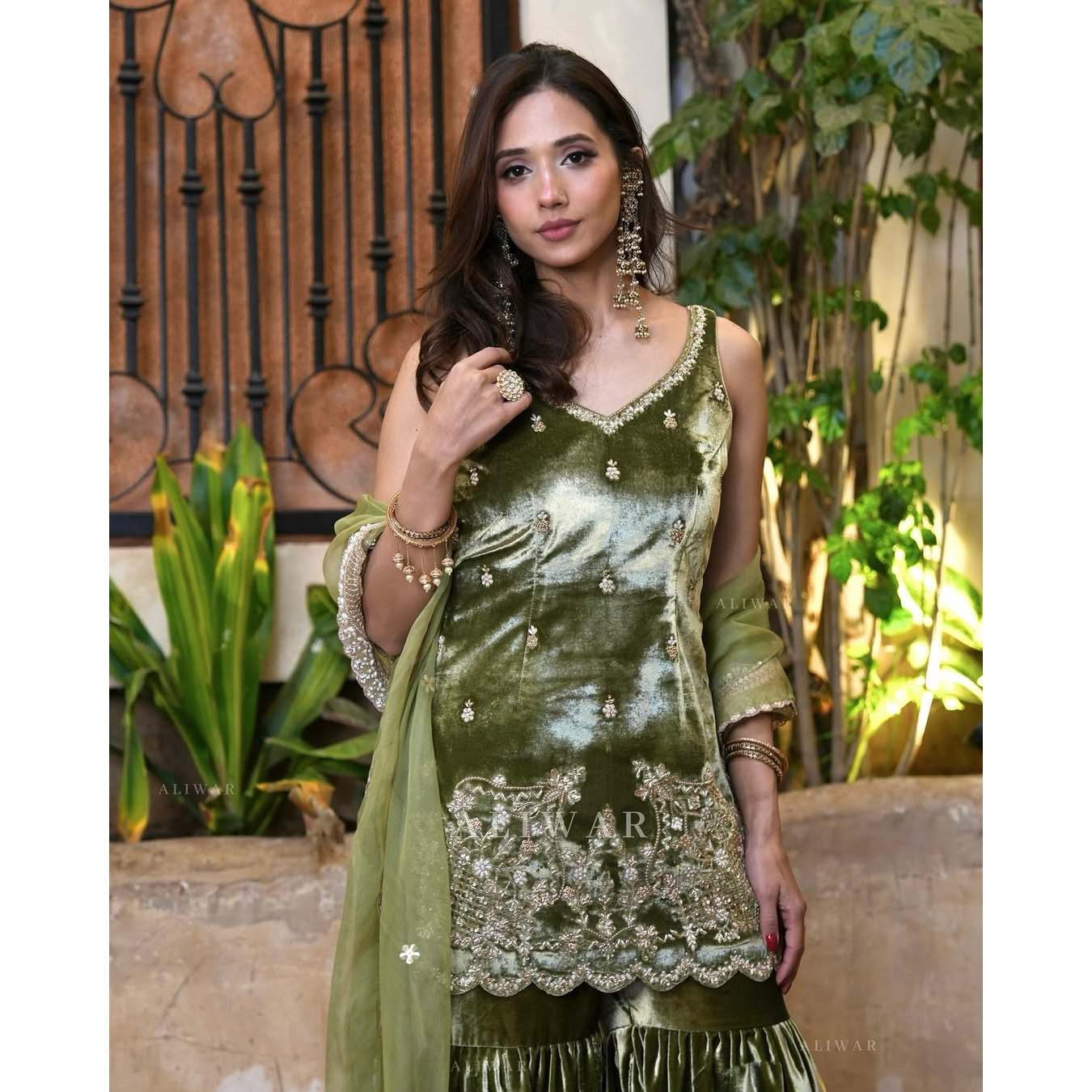 Women's Beautiful Sharara Suit and Dupatta with Moti Handwork for Parties