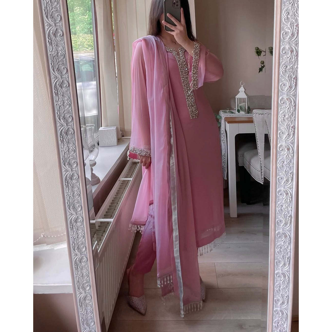 Women's Real Moti Hand Work Party Wear Suit with Dupatta Elegant Pent Set