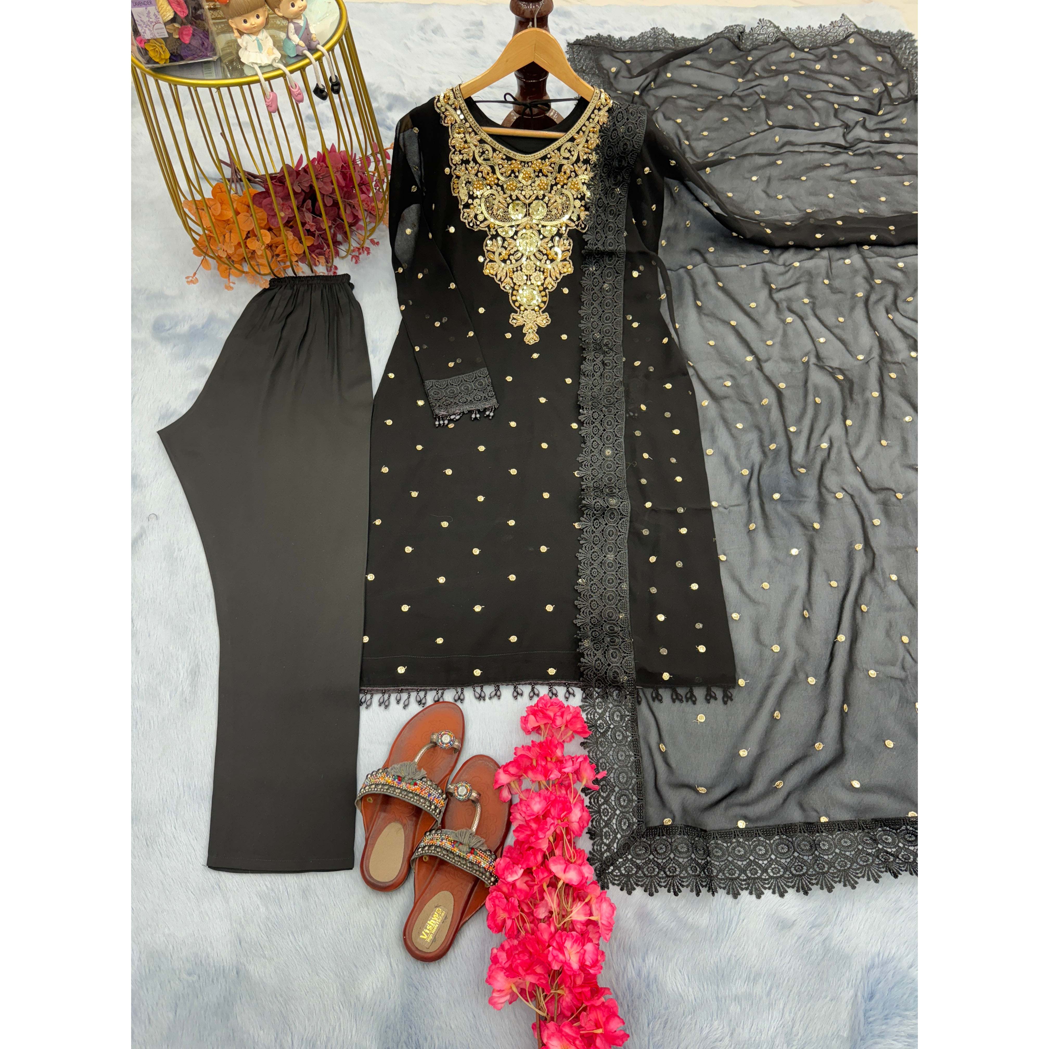 Designer Traditional Muslim Clothing & Accessories Top Bottom Dupatta with Hand Work Pal Moti